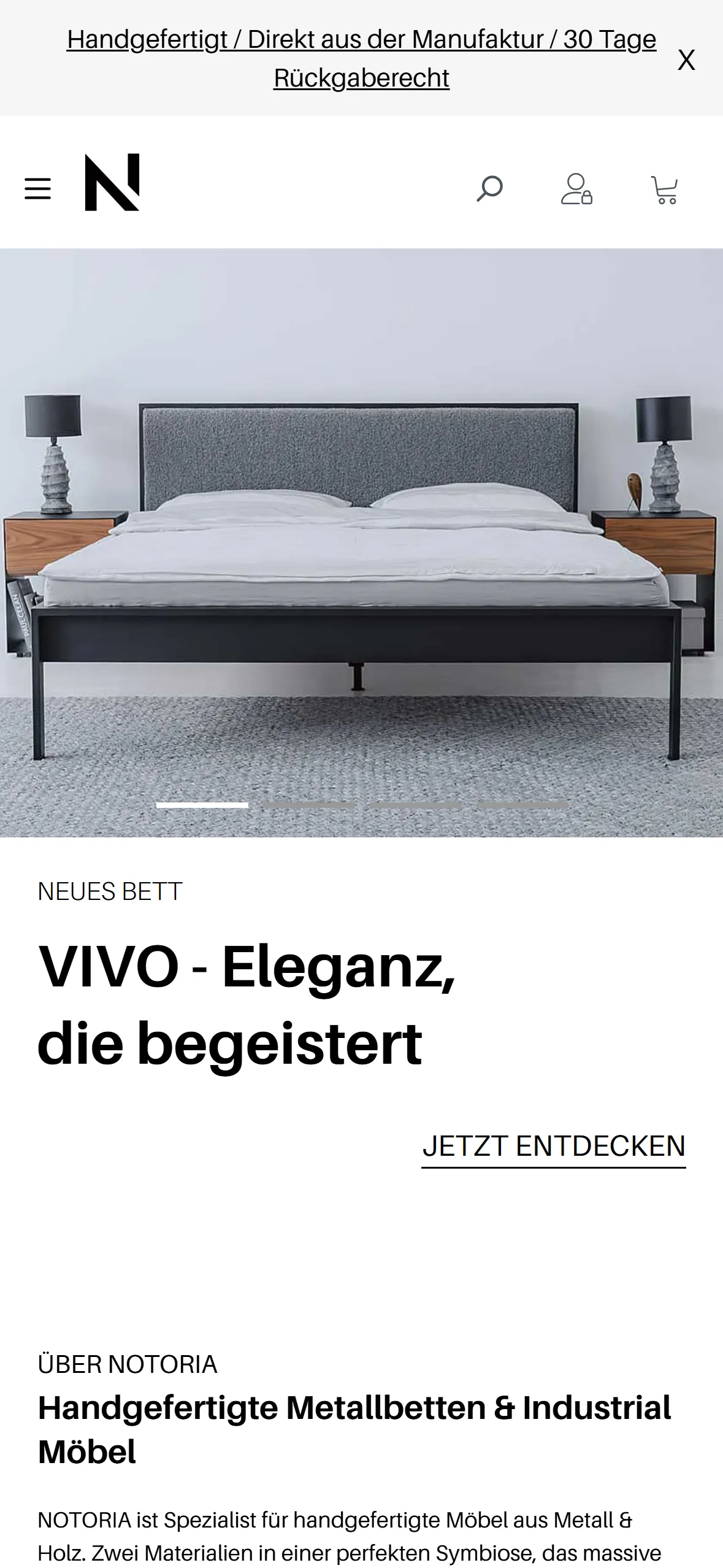 Startseite des Onlineshops NOTORIA auf dem Smartphone