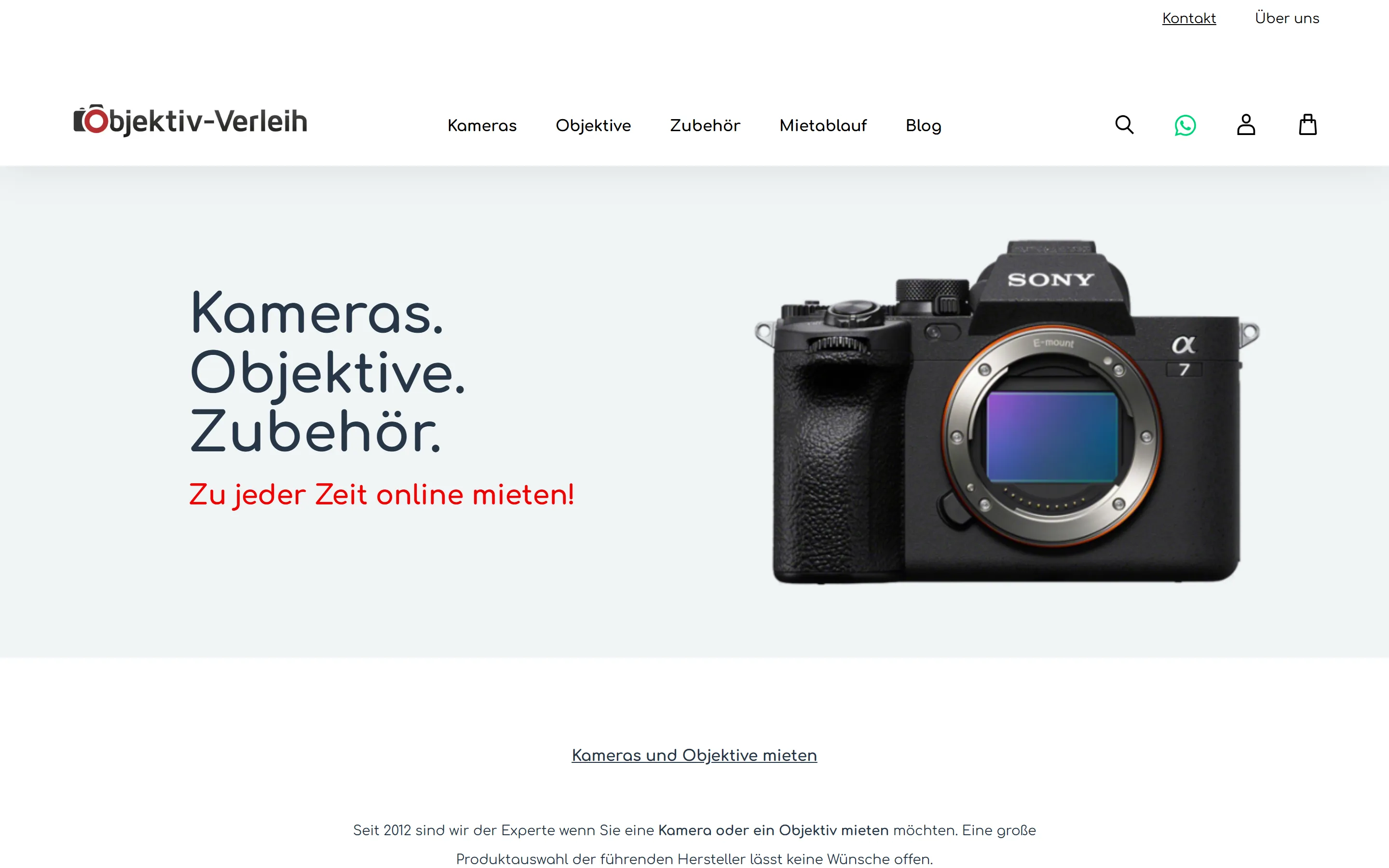 Startseite des Onlineshops Objektiv-Verleih auf dem Desktop
