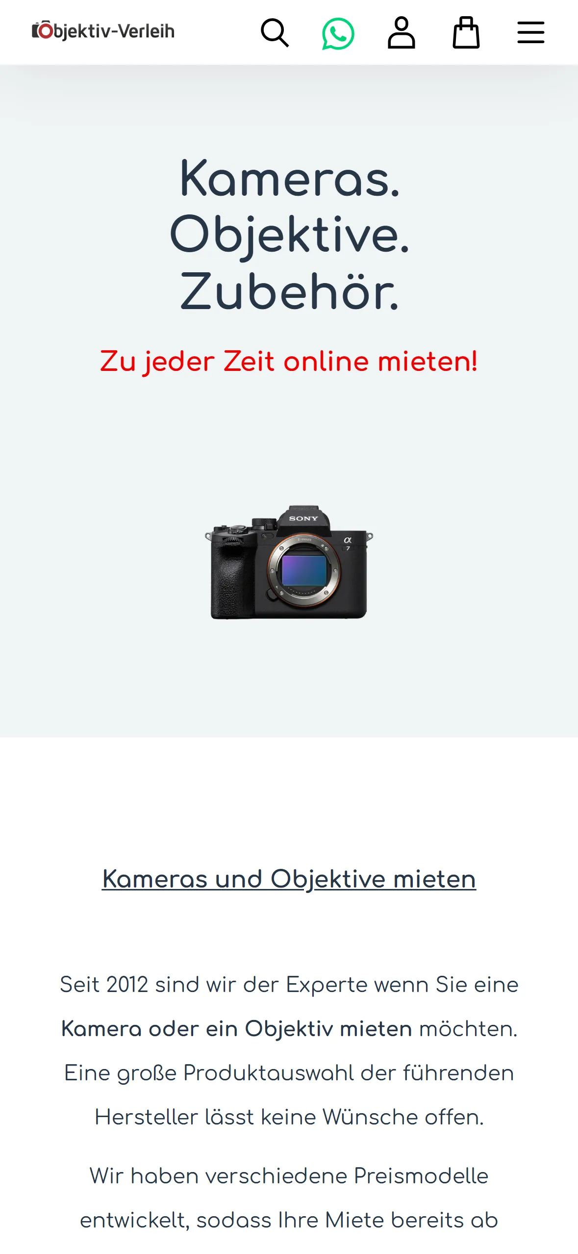 Startseite des Onlineshops Objektiv-Verleih auf dem Smartphone