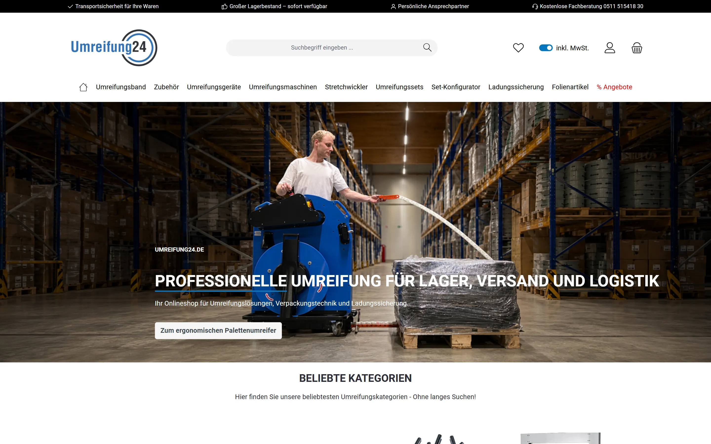 Startseite des Onlineshops Umreifung24 auf dem Desktop